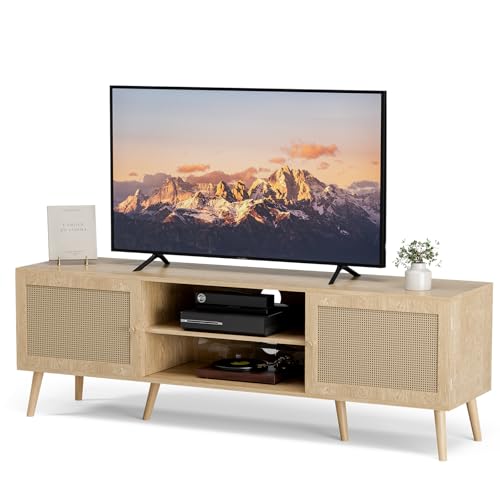 ZttRiee TV Stand for TVs up to 65'', Entertainment Center With Rattan Door, Shelves & 2 Cabinets, Long Boho Media Console for Living Room, Natural