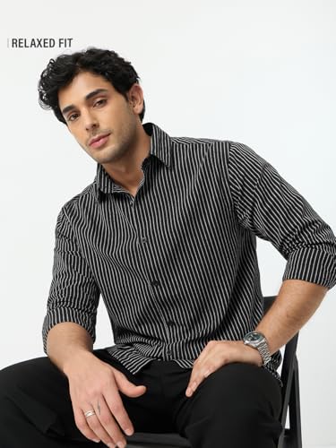 Image of The Souled Store Cotton Linen Stripes: Apricot Men and Boys Long Sleeves Collared Neck Orange Stripes Regular Fit Lightweight Comfortable Summer Cotton Linen Shirts