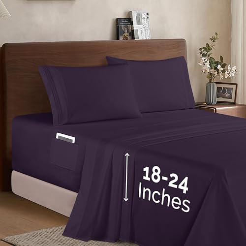 Elegant Comfort Luxury 1500 Premium Hotel Quality Microfiber 4-Piece Sheet Set - Soft, All Around Elastic 18-24 Inches Deep Fitted Sheet - Extra Deep Pocket Sheets, Queen, Eggplant-Purple