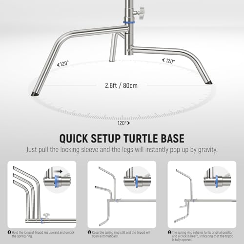Image of NEEWER 10.5ft Stainless Steel Heavy Duty C Stand with Boom Arm, Quick Setup Base, Thicker Center Rod Max Load 44lb /20kg, Photography Light Stand with 4.2ft Holding Arm for Monolight Softbox, SC320Q