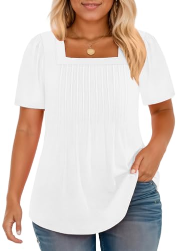 VISLILY Plus-Size-Womens-Summer-Tops Trendy Square Neck T Shirts Cute Flowy Pleated Tunics Casual Short Sleeve Blouses XL-5XL