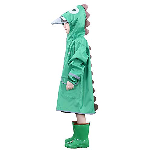 Kids Rain Poncho Toddler Boys Girls Cute Dinosaur Raccoon Cat Shape Waterproof Jacket for Age 2-10 Green