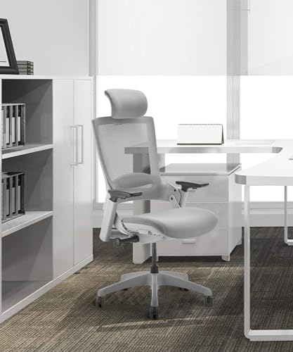 Image of CLATINA Ergonomic High Swivel Executive Chair Fabric Mesh Office Tables Chair with Adjustable Height Head 3D Arm Rest Lumbar Support and Upholstered Back for Home Office Conference Gray