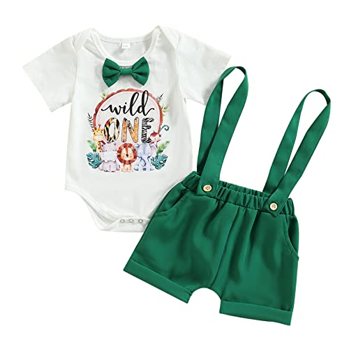 Toddler Baby Boy My 1st Birthday Outfits Wild One Romper Bowtie Bodysuit Suspender Bid Shorts Gentleman Clothes (Ink Green, 12-18 Months)