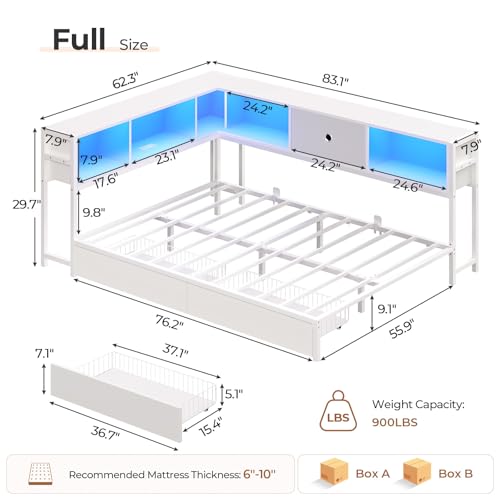 Image of Hasuit Corner Full Bed Frame with Storage Drawers and Bookcase Headboard, Full Size Metal Platform Corner Bed Frame with Charging Station and LED Lights, Full Daybed for Kids Teens Guests, White