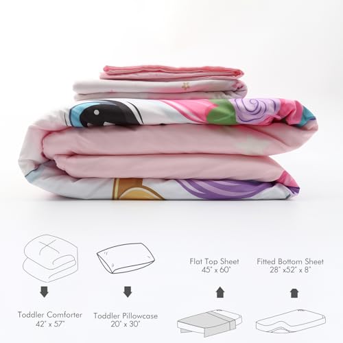 Image of 4 Piece Toddler Bedding Set - Ultra Soft Breathable Toddler Bedding Set for Girls, Includes Quilted Comforter, Flat Sheet, Fitted Sheet and Pillowcase(Unicorn)