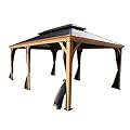 Kozyard Apollo 12’x18’ Hardtop Gazebo, Wooden Coated Aluminum Frame Canopy with Galvanized Steel Double Roof, Outdoor Permanent Metal Pavilion with Netting for Patio, Deck and Lawn (12ft x18ft)