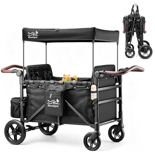 Image of Rovique 4 Seater Wagon Stroller – Deluxe Quad Wagon for 4 Kids with Snack Trays,All-Terrain Wheels,Push Handle, Canopy,Aluminum Frame – Gift for Baby Showers,New Parents,Birthdays
