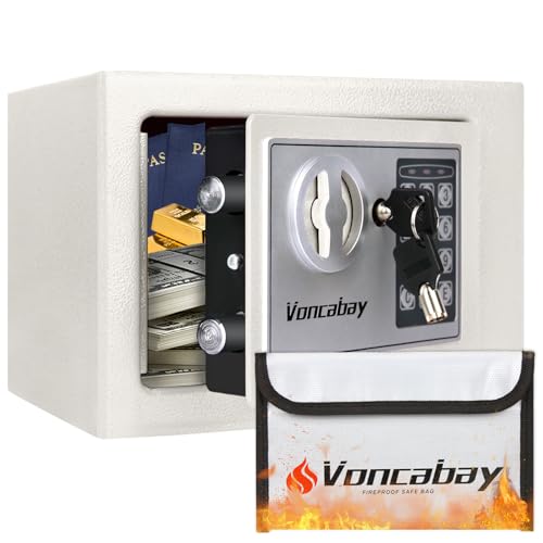Voncabay Money Safe Box for Home with Sensor Light & Fireproof Security Safe Box for Money Safe with Keys & Pass Code, Lock Box Fireproof Safe with Digital Keypad White