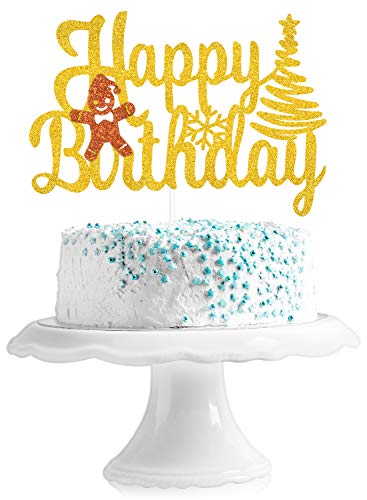 Christmas Happy Birthday Cake Topper - Winter Wonderland Glitter Christmas Tree Gingerbread Man Cake Décor - Baby Shower Kids Birthday Party - Holidays Xmas Decoration