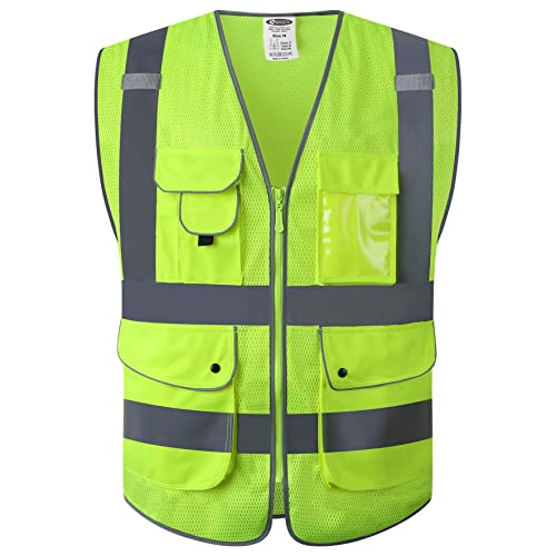 JKSafety 9 Pockets High Visibility Safety Vest for Men and Women, Hi-Vis Reflective Yellow Safety Vests with Zipper Front, Meet ANSI/ISEA Class 2 Type R(159-Yellow XL)