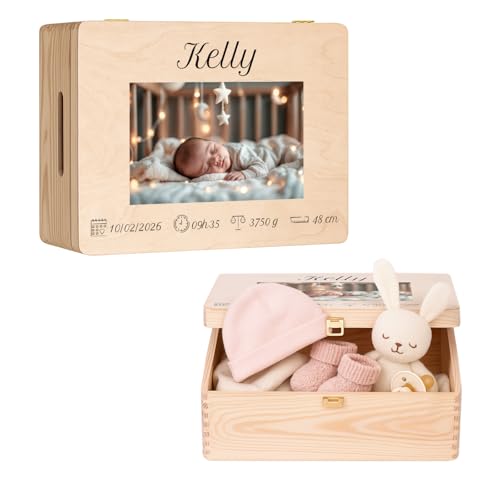 Maverton Boite Souvenir Bebe Personnalisable - Cadeau Naissance Personnalisé - L/XL Boite de Rangement avec Couvercle en Bois de Pin Naturel - Cadeau Noel -...