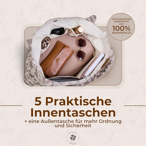 Grünes Glück Teddy Handtasche Damen – Premium Shopper mit extra vielen Innentaschen - Flexibel einsetzbar als Umhängetasche, Kinderwagentasche, Wickeltasche - die Tote bag (Leo Taupe)