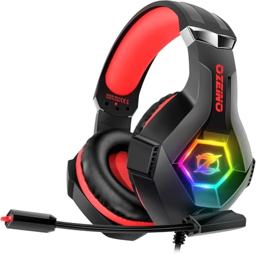 Ozeino Casque gaming avec microphone rotatif, lumière RVB, Premium Stereo, écouteurs légers et confortables, pour PS4, PS5, Xbox PC, Switch, tablette, ordinateur portable