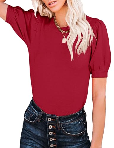 Image of Womens Puff Short Sleeve Sweater Tops Crewneck Basic Knit Pullover Lightweight Casual Sweaters