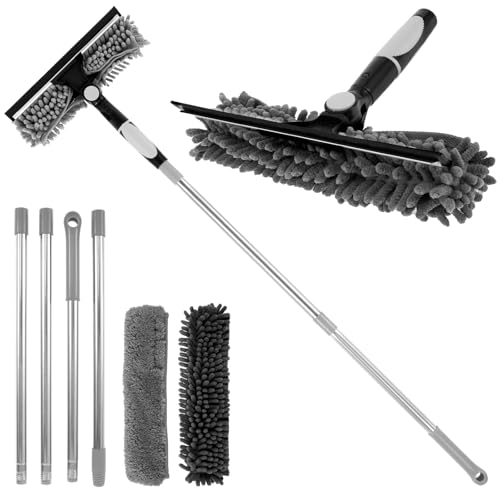 Professional Window Cleaner Tool, 2 In 1 Window Squeegee Cleaner Kit with Microfiber Cloth 75 Inch Adjustable Windows Cleaning Equipment Washing Kit for Car Shower Glass Mirror(Grey)