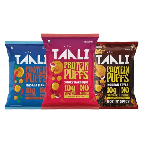 Image of Taali Roasted Protein Puffs Combo |Goodness of Jowar & Corn | Snack | Masala Mania, Smoky Barbeque, Korean (Pack of 3) 60g Each| No Palm Oil