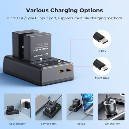 Image of K&F Concept 1300mAh NP-W126 NP-W126S Battery and Charger for Fujifilm XM5, X100VI, X100V, XS10, XT30, XT30 II, XT20, XE4, A5, Dual-Slot Fast Charger, Type-C and Micro-USB Input, 2 Pack Battery