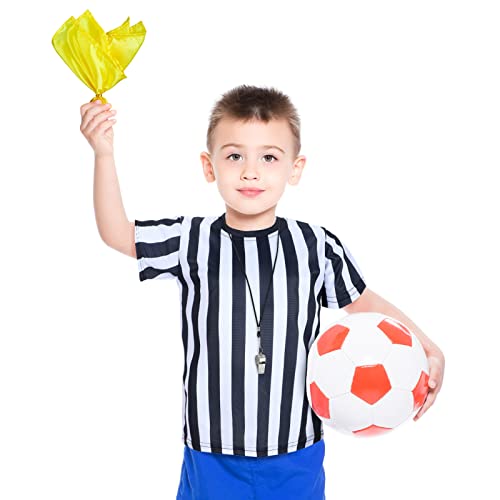 3 Pcs Children's Kids Referee Shirt Costume, Black And White Stripe Umpire Jersey Stainless Steel Whistle With Lanyard Yellow Penalty Flag For Basketball Football Halloween Costume (Crew Neck, S) #TOP4