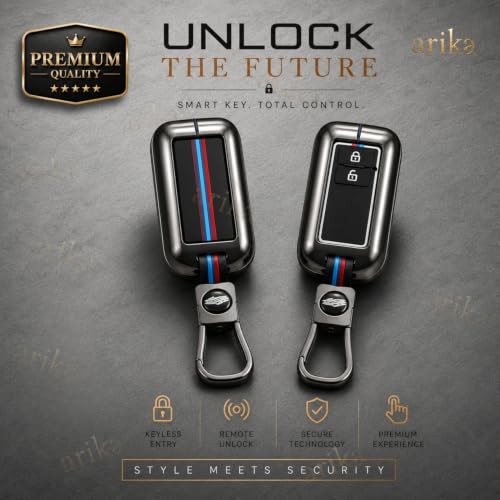 Image of Arika Premium Metal Car Key Cover Compatible with Maruti Suzuki Baleno Swift Dzire Brezza Fronx Grand Vitara XL6 Ertiga Celerio Ignis & Toyota Glanza Hyryder Rumion Smart Key Protector Case Black