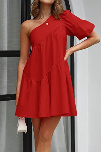 Image of KIRUNDO Summer One Shoulder Mini Baby Doll Dresses Women 2026 Casual Puff Sleeve Loose Tiered A Line Flowy Short Dress