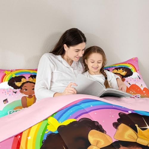 Image of Erosebridal Rainbow Black Girls Comforter Set King Size African American Bedding Set Black Princess Girl Makeup Quilt Comforter Afro Little Girl Bed Set for Kids Melanin Bedroom Decor