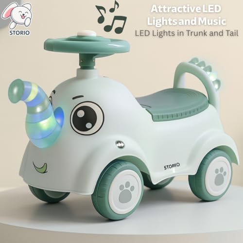 Image of Storio Elephant Baby Ride-On Car Toy with Light and Music - Green | Push Car for Kids with Backrest & Steering, 1-3 Years