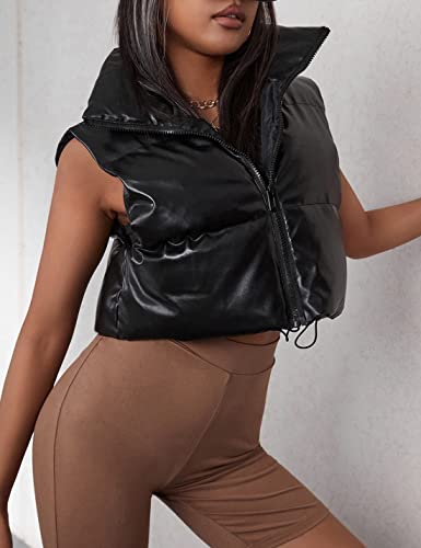 Uaneo Womens Pu Leather Cropped Puffer Vest Winter Faux Leather Zip Up Sleeveless Jacket (#2Black, Medium) #TOP4