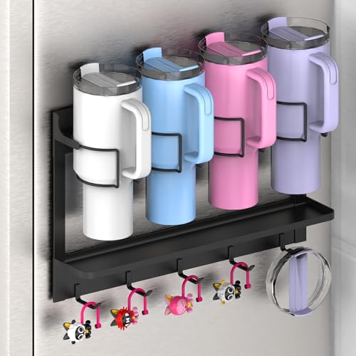 Magnetic Cup Storage Organizer Holder for Stanley 30/40 oz Tumbler,Strong Magnetic Rack for Fridge (Black, 4CUPS)