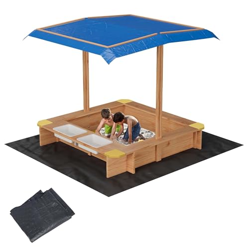 Sandbox with Cover/Lid & Retractable Canopy, 2 Side Buckets & Drainage Liner – Wooden Weather-Resistant Outdoor Sand Box for Kids/Toddler/Childrens, Sand Pit for Beach/Backyard/Patio Outdoor Play