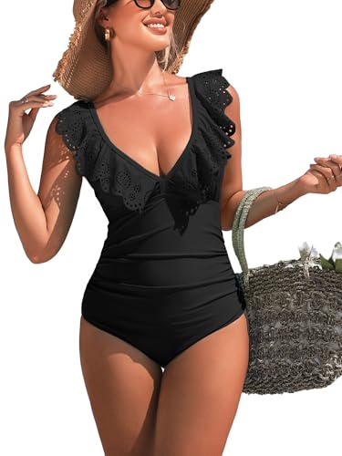Womens Retro Ruffle One Piece Swimsuit V Neck Sexy Bathing Cutout Swimwear