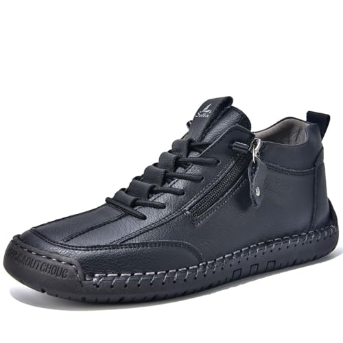 Men's Vintage Hand Sewn Stitching Side Zipper Ankle Boots Fashion Outdoor Non-Slip Lightweight Casual Loafers Comfortable Wearable Walking Shoes (Black,8)