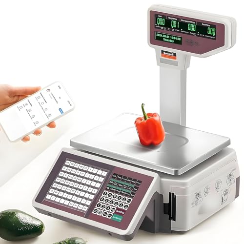 SHENGSHIYU Báscula Digital de Cálculo de Precios con Impresora Térmica de Etiquetas,Báscula para Alimentos,Capacidad de 30kg/66lb,Báscula Comercial para Productos Cárnicos
