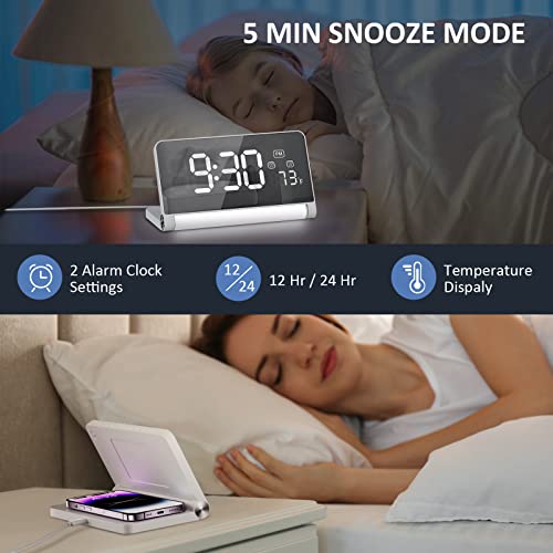 Alarm Clock For Bedroom, Digital Alarm Clock With Wireless Charging, 5 White Noise Sounds, 3 Colors Night Light, 9 Levels Brightness, Foldable Bedside Clock With 12/24H, Large Display (White) #TOP1