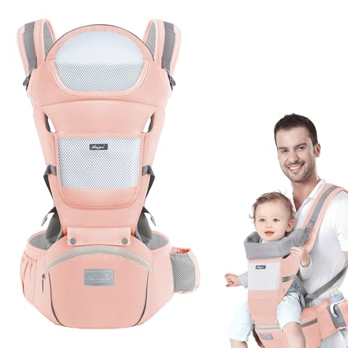 Image of Huifen Multi-Functional 9 in 1 Baby Carrier - Newborn to Toddler, 7-45 lbs, Hip Seat, Ergonomic Sling, Hands Free Backpack, All Seasons (Pink)