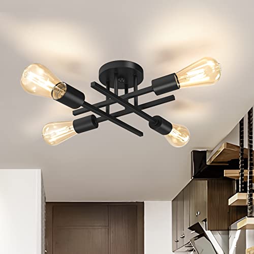 Kuwork Semi Flush Mount Ceiling Light Fixture, Industrial Farmhouse Sputnik Chandelier with E26 Base, Matte Black Ceiling Lamp for Kitchen Bedroom Living Room Dining Room Hallway (4-Light)
