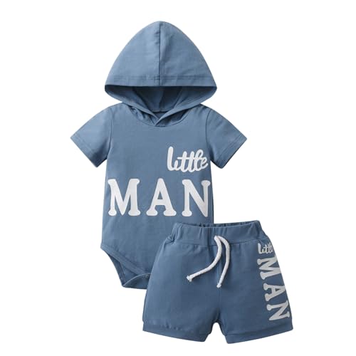 Newborn Baby Boys Summer Romper Clothes Infant Short Sleeve Letter Print Pullover Tops Shorts Set Outfits Light Blue 3-6 Months