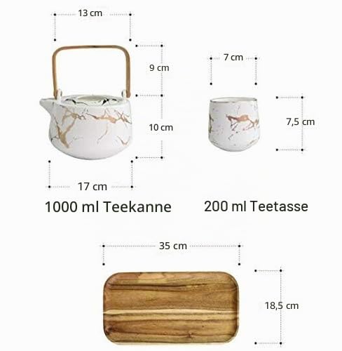 Foto von KKGUD Japanischer Stil Keramik Teeset, elegante Teekanne und 4 Teetassen mit Holztablett für Nachmittagstee, Heimdekoration, Restaurant, Teeparty – Marmor-Muster (weiß)