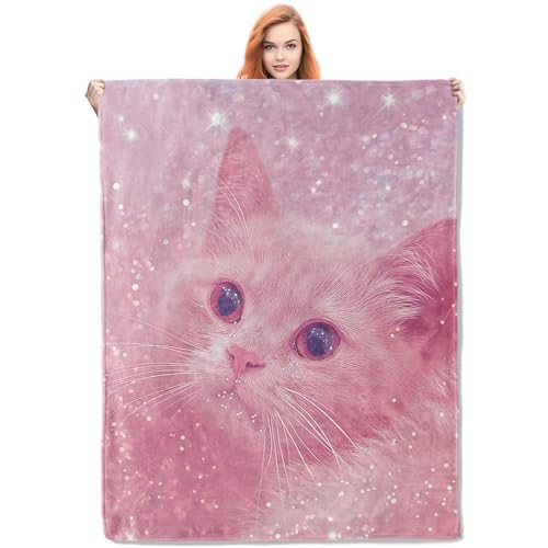 VANZEV Pink Cat Blanket,Cute Kitten Flannel Throw Blankets,Soft Warm Lightweight Cozy Plush Animal Throws for Bedroom Sofa Home Decor Gifts for Women Girls 80"x60"