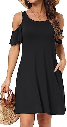 HAOMEILI Women's Cut Out Cold Shoulder Trumpet Sleeve Dress Top (Medium, Black)