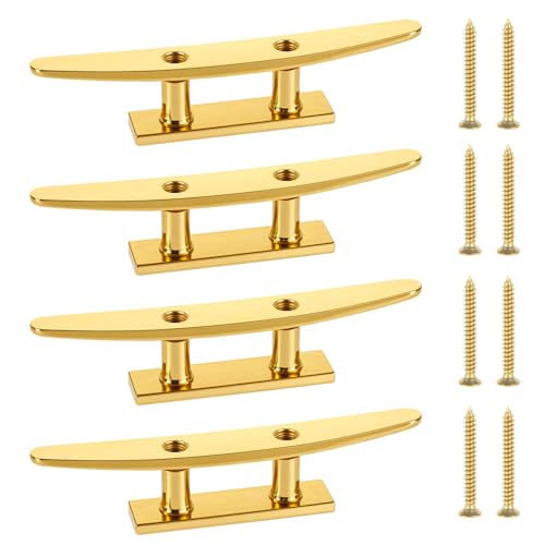 VEITHI 5 inch Boat Cleat Flat Top 4 Pack, Brass Color 316 Stainless Steel Boat Dock Cleats,Rope Cleat,Dock Cleats with Screws for Marine or Nautical Decor and Dock Cleat Decorative