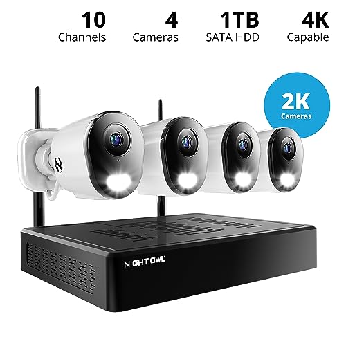 Night Owl 10 Channel Bluetooth Video Home Security Camera System with (4) Plug-in Wi-Fi 2K HD Indoor/Outdoor Spotlight Cameras with 2-Way Audio and 1TB Hard Drive (Expandable up to 10 Cameras)