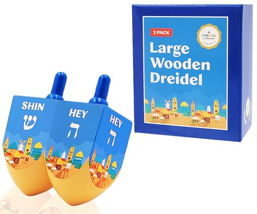 Extra Large Jerusalem Wood Dreidels, Let's Play Dreidel The Hanukkah Game, Instructions Included (2-Pack)