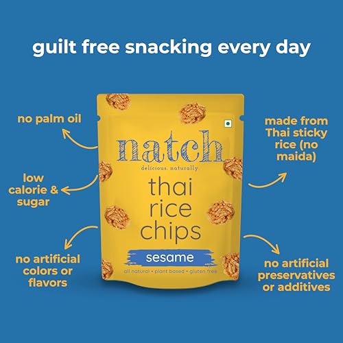 Image of Natch Thai Sticky Rice Chips pack, Healthy Snacks for Adults & Kids 100% Natural, Vegan & Gluten Free, Low Calorie Crackers Crisps 25g each (Pack of 4), Sesame