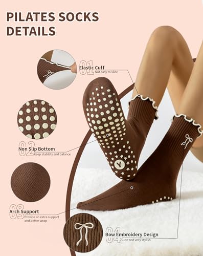 Image of Yawlsow Cute Pilates Grip Socks for Women Ruffle Frilly Yoga Socks Non Slip Cotton Crew Grippy Sock for Barre Workout