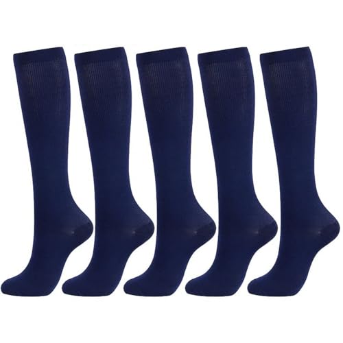 5 pares de calcetines de compresión hasta la rodilla, medias de compresión para hombres y mujeres, enfermeras, medias de compresión para mujer, azul, XXL