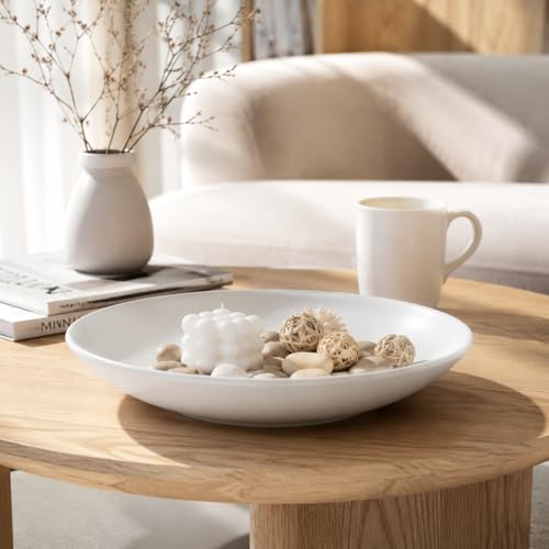 hjn Large 12.6 Inch White Ceramic Catchall Tray for Entryway, Decorative Dish for Keys, Jewelry, Coins, Minimalist Round Tray for Counter Table, Gift for Housewarming-12.6 Inch