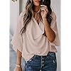 HOTAPEI Womens Blouses and Tops for Work Fashion Casual Summer Short Sleeve Wrap V Neck Draped Front Office Blouses Loose Fit Tops Shirts Apricot
