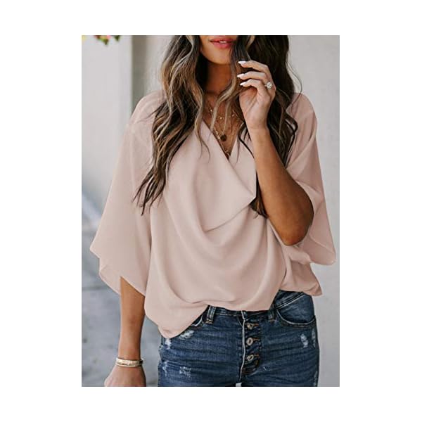 HOTAPEI Womens Blouses and Tops for Work Fashion Casual Summer Short Sleeve Wrap V Neck Draped Front Office Blouses Loose Fit Tops Shirts Apricot