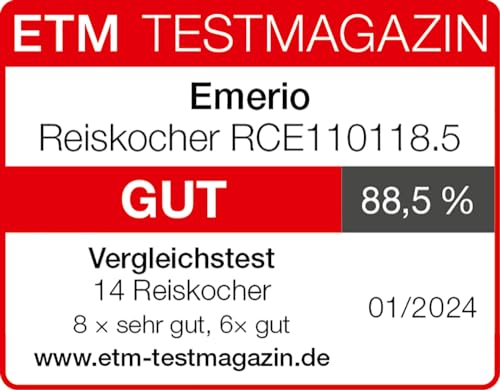 Foto von EMERIO automatischer Eco Reiskocher | 1.5L Volumen | Warmhaltefunktion | Auto Off | Antihaftbeschichtung | Glasdeckel | inkl Reislöffel + Messbecher | Schongarer | 500 Watt | Edelstahl | RCE-110118.5